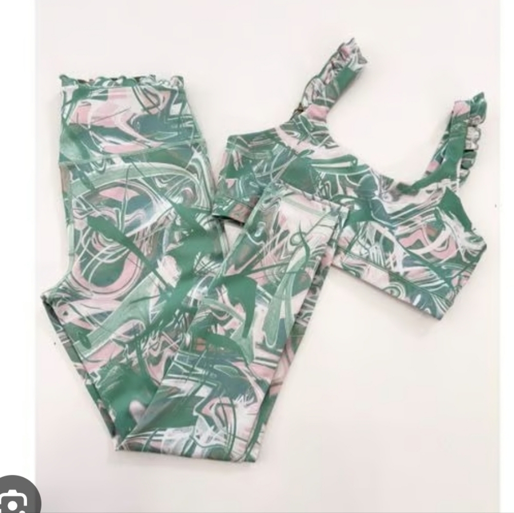 Abstract Green & Pink High-Waist Leggings Set with Matching Sports Bra